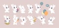 Collection of cute little white baby bunny with balloons, sit, jump, carry gift, basket, carrot isolated.